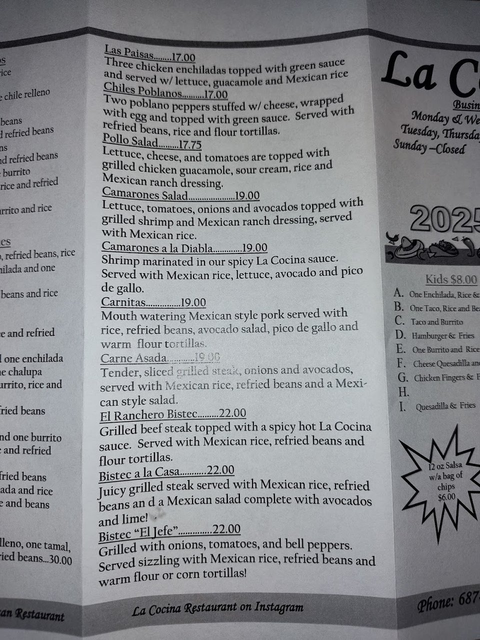 Menu page with tacos, enchiladas, and burritos.