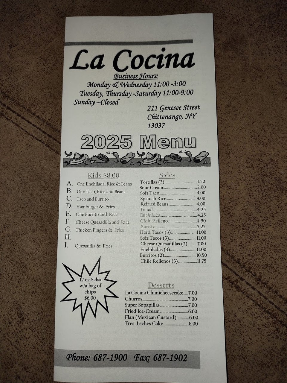 Printed menu showing combo plates and desserts.